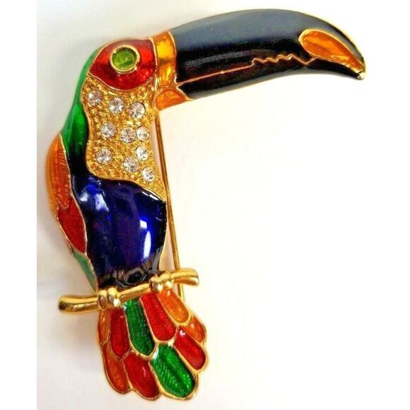 Toucan Figural Brooch Pin Rhinestones Enamel Gold Tone Multi Color Bird 2.25 in - Picture 3 of 10